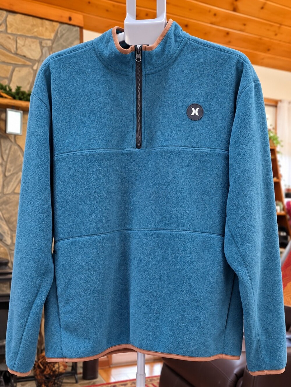 Hurley Men's Teal Zip-Up Fleece Pullover with Contrast Trim-L